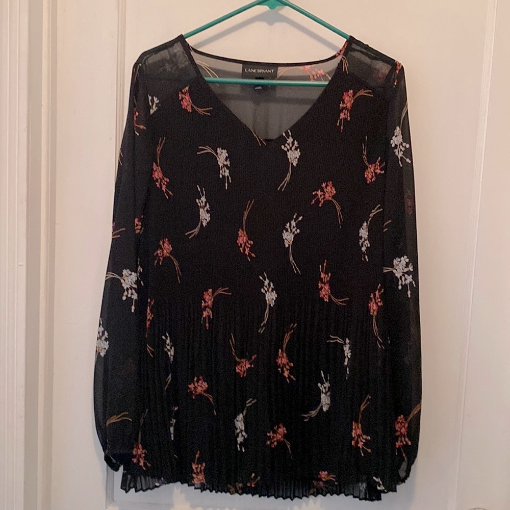 Lane Bryant 14/16 Black with Floral Print Sheer Sleeve Blouse